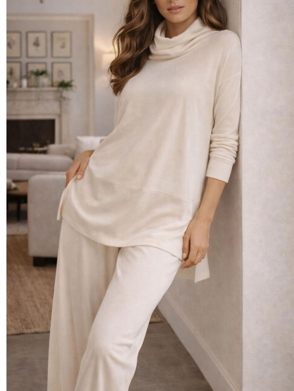NWT NOLI Luxury Cream Lounge 2pc Set Ultra Soft Travel Wide Leg Drawstring Pants